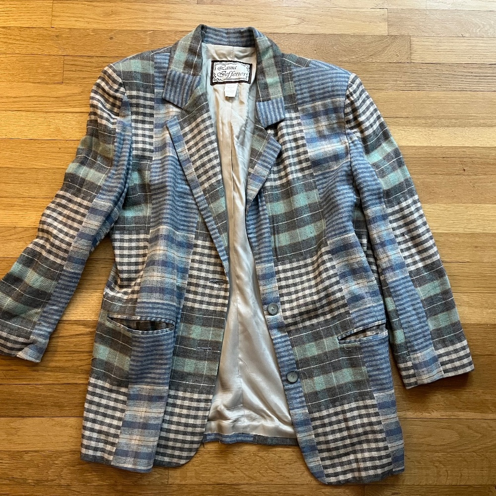 Vintage 90s Blue White Plaid Blazer Oversized Laura Jefferies Large